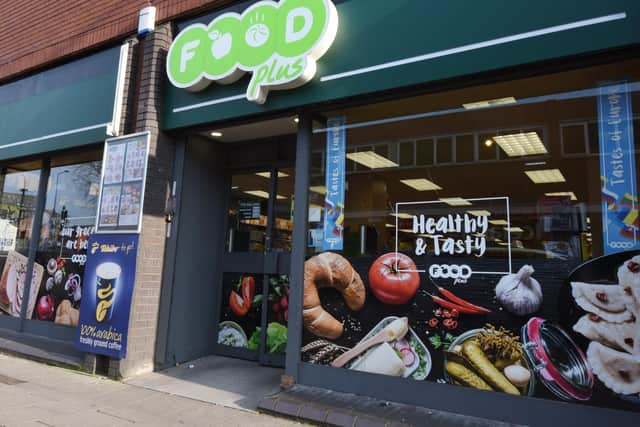 Exterior of Food Plus shop, Standishgate, Wigan