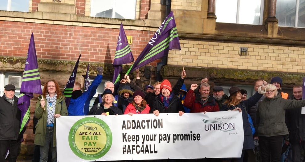 Addaction, drug and alcohol support workers are jioned by Unison and supporters outside the Coops building, Dorning Street, Wigan, at the start of three-day strike action in October 2019