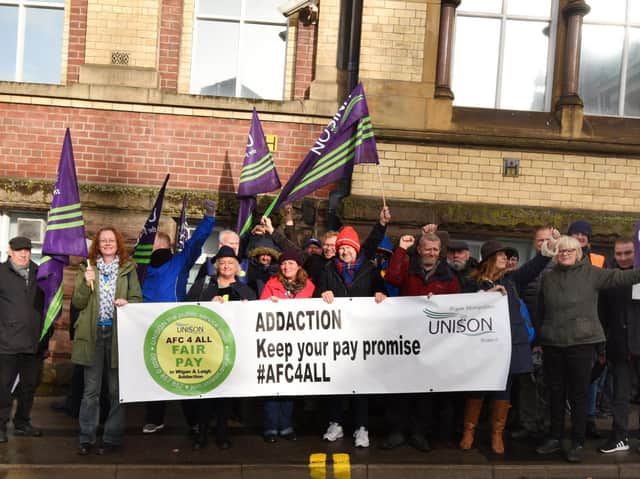 Addaction, drug and alcohol support workers are jioned by Unison and supporters outside the Coops building, Dorning Street, Wigan, at the start of three-day strike action in October 2019