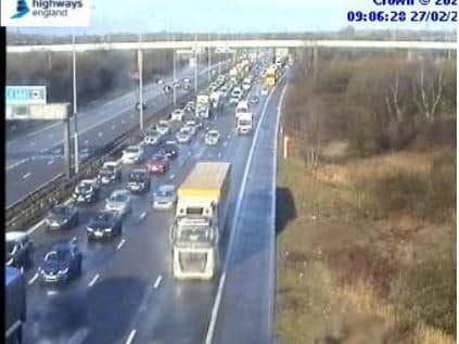 All three lanes on the M61 northbound have been blocked due to a collision. (Credit: Highways England)