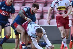 Jackson Hastings goes over for one of his two first-half tries