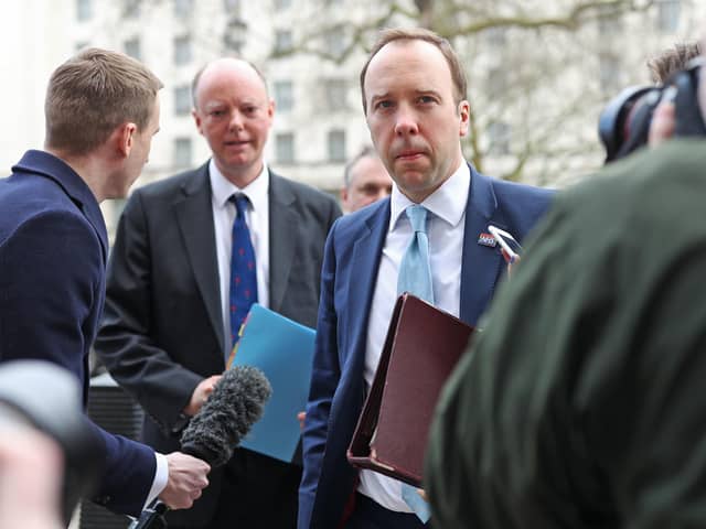 Health Secretary Matt Hancock (right) and Chief Medical Officer, Chris Whitty (left) arrive at the Cabinet Office, Whitehall, London, for a meeting of the Government's emergency committee Cobra to discuss coronavirus