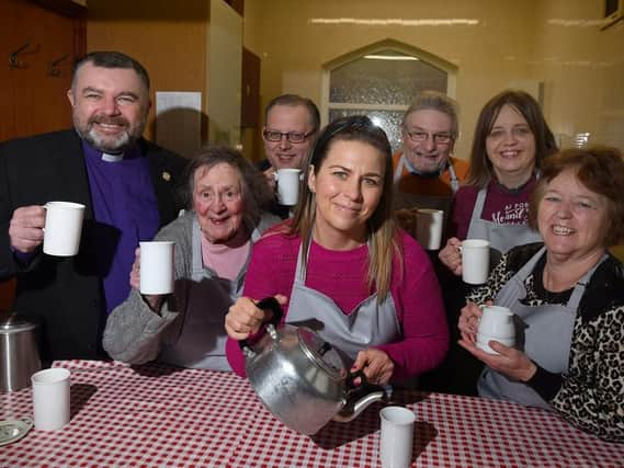 Bishop Steven Evans with volunteers, Rev Wendy Williams, Coun Michael Winstanley, Mikah Evans, Albert Schanzl, Beverley Bradley and Diane Schanzl, in the church hall cafe at Living Faith Church, Orrell