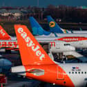 Aircrafts operated by British low cost airline Easyjet are lined up at Tegel airport in Berlin