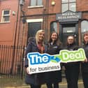 Gina Yates (Wigan Council Invest in Wigan team), Lesley Dorian (customer services manager), Lauren Burgess (apprentice), Brenda McKenna (regional manager) outside APCOAs new premises in Wigan town centre