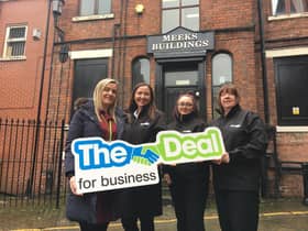 Gina Yates (Wigan Council Invest in Wigan team), Lesley Dorian (customer services manager), Lauren Burgess (apprentice), Brenda McKenna (regional manager) outside APCOAs new premises in Wigan town centre