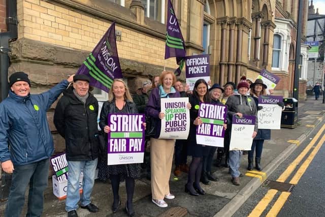 Former Leigh MP Jo Platt with MPs Yvonne Fovargue and Lisa Nandy support the strikes