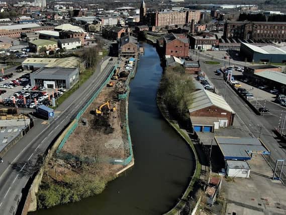 Am aerial view of the redevelopment work at Wigan Pier