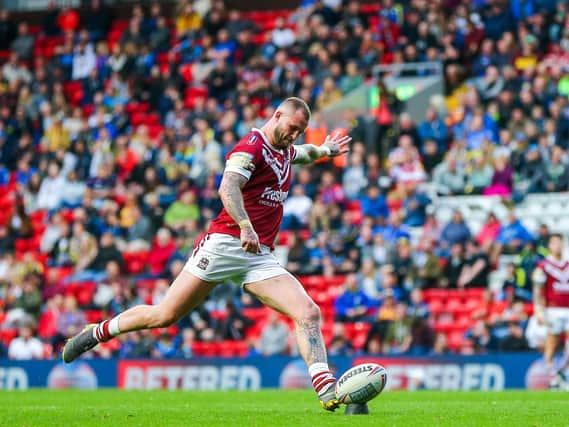 Wigan's Zak Hardaker kicks a goal at the Magic Weekend in Liverpool last year