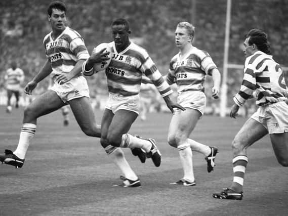 Ellery Hanley angles for the line in 1988, the first of Wigan's eight year final dominance