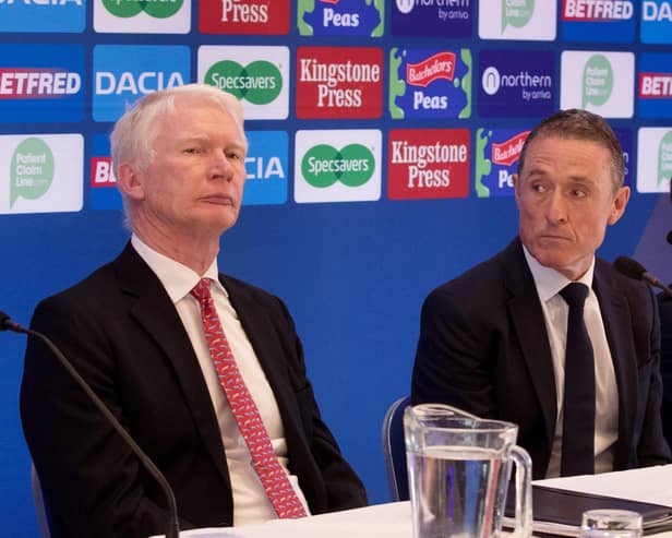 St Helens boss Eamonn McManus sat with Super League executive chairman Robert Elstone at his unveiling less than two years ago