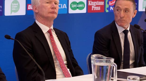 St Helens boss Eamonn McManus sat with Super League executive chairman Robert Elstone at his unveiling less than two years ago