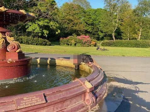 The man has his arm in the water up to his shoulder as he fishes for coins