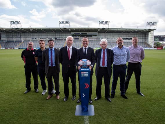 Kris Radlinski (far right) when Robert Elstone was unveiled as Super League executive chairman