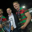 Greg Inglis with ex-Warriors coach Michael Maguire and current Wigan prop George Burgess