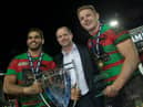 Greg Inglis with ex-Warriors coach Michael Maguire and current Wigan prop George Burgess