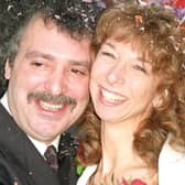 Michael Angelis on his wedding day to his then wife actress Helen Worth. The long-term narrator of Thomas the Tank Engine series Thomas & Friends, died at home on Saturday aged 76, his agent said.