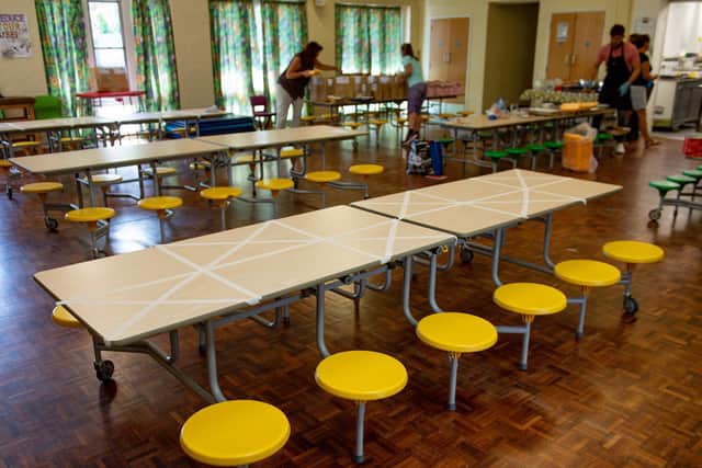 Tables marked showing where children can sit during dinner time at a primary school