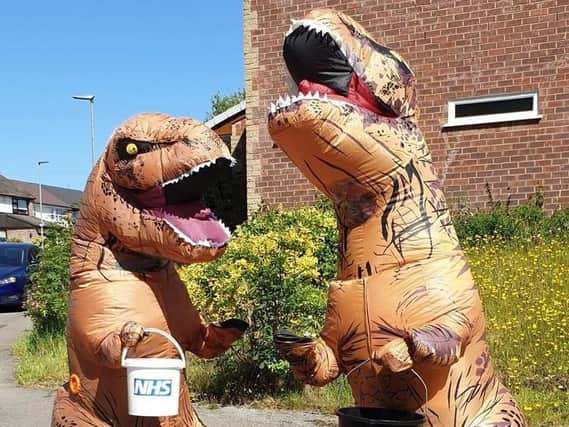 The two dinosaurs collecting for the NHS