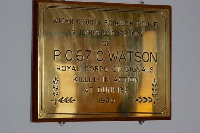 The plaque at Wigan Police Station to soldier L-Cpl Cyril Watson