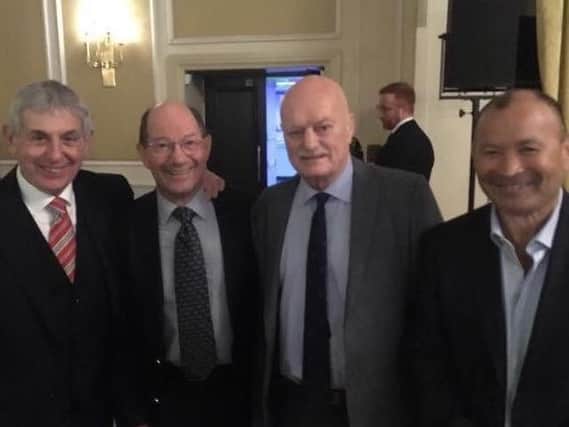 Des Seabrook (second right) pictured in 2017 with former British Lions coach Ian McGeechan, ex-BBC commentator Ian Robertson and England coach Eddie Jones