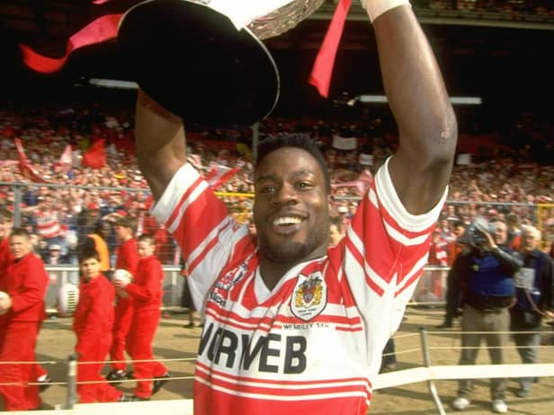 Martin Offiah lifting the Challenge Cup