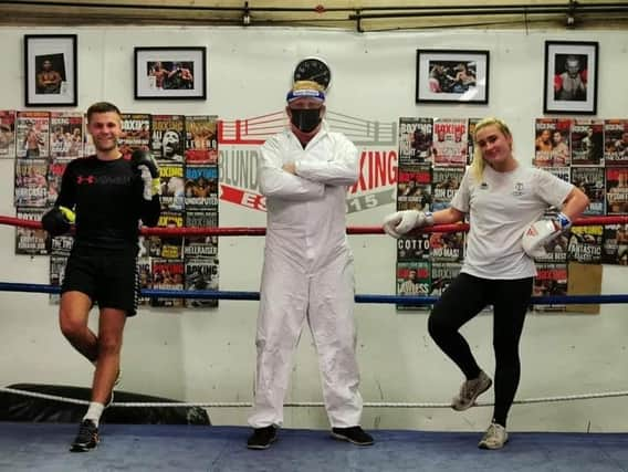 James Moorcroft and Rhiannon Dixon with coach Lee Blundell