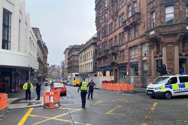 Photo taken with permission from the Twitter feed of @JATV_scotland of police presence in West George Street, Glasgow, as a serious police incident has closed roads in the city centre. PA Photo.