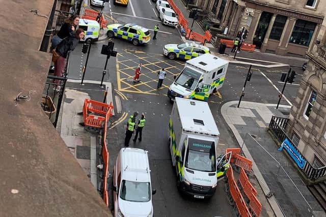 Photo taken with permission from the Twitter feed of @Milroy1717 of emergency services presence in West George Street, Glasgow, as a serious police incident has closed roads in the city centre. PA Photo.