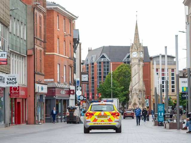 A police car on Gallowtree Gate in Leicester after the Health Secretary Matt Hancock imposed a local lockdown following a spike in coronavirus cases in the city