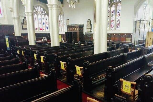 Wigan Parish Church marked out to comply with Covid-19 guidelines