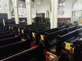 Wigan Parish Church marked out to comply with Covid-19 guidelines