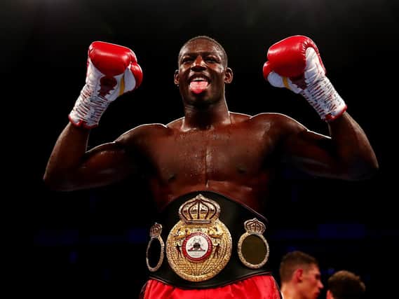 Richard Riakporhe poses for a photo as he celebrates victory over Chris Billam-Smith following the WBA Intercontinental Cruiserweight Title fight between Chris Billam-Smith and Richard Riakporhe at The O2 Arena on July 20, 2019