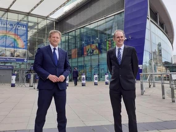 James Grundy MP and Grant Shapps MP during his visit to Manchester Piccadilly