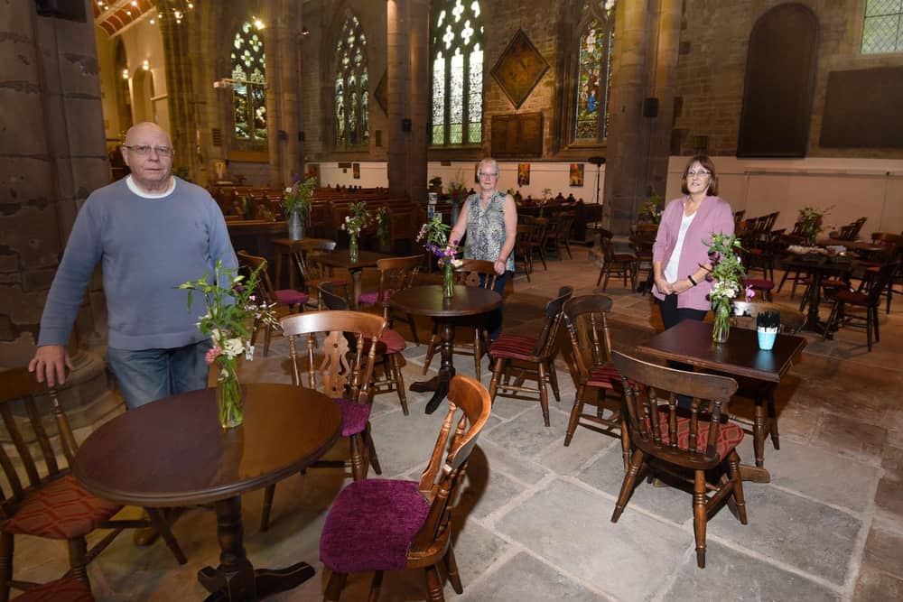 Harry Lees, Helen Foster and Brenda Entwistle inside the church