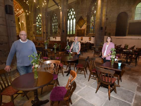 Harry Lees, Helen Foster and Brenda Entwistle inside the church