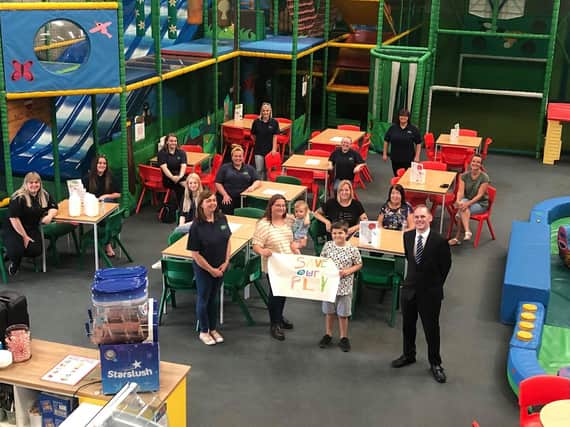 James Grundy MP, Joanne Fairclough, and the Treetops Team during his recent visit to the Soft Play Centre in Golborne