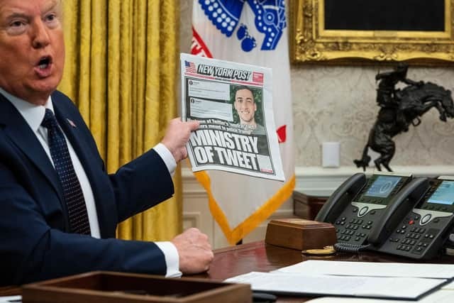 U.S. President Donald Trump speaks in the Oval Office before signing an executive order related to regulating social media on May 28