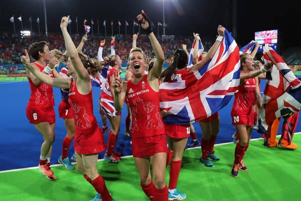 Great Britain players celebrate victory over Holland following the gold medal match at the Olympic Hockey Centre at the Rio Olympic Games on August 19, 2016