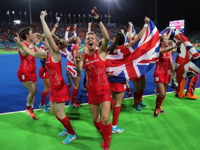 Great Britain players celebrate victory over Holland following the gold medal match at the Olympic Hockey Centre at the Rio Olympic Games on August 19, 2016