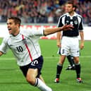 Michael Owen celebrates scoring his second goal against Germany