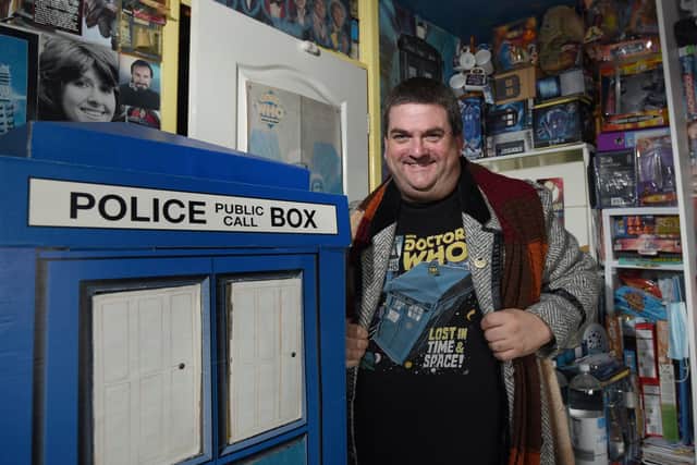 Brian with a special Tardis containing a DVD of every surviving Whovian episode - and plenty more besides