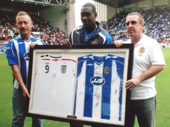 Roy 'Spike' Highton (right), with fellow Supporters Club committee member Mick Wimsey and Emile Heskey