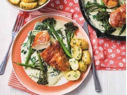 Prosciutto-wrapped chicken with pesto and cheese sauce