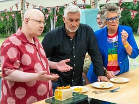 Matt Lucas (left) with judges Prue Leith and Paul Hollywood in Bake-Off