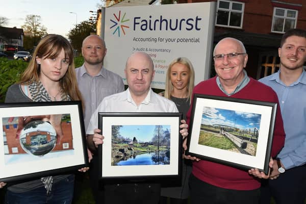 Fairhurst Accountants’ Andy Parker, Rachel Wilson and Ryan Moore,right, are pictured with 2019 competition winners, front row from left, runner-up Sarah Dawson, winner Darron Sharrock and John Barton