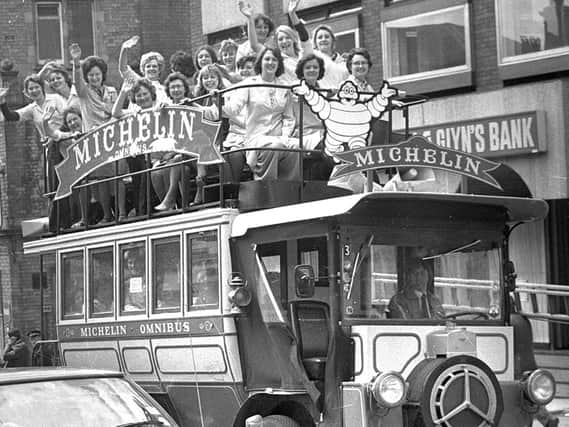 All aboard the Michelin Tyres promotional bus for a ride through Wigan town centre in 1976
