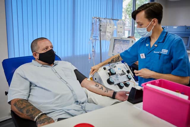 Paul Mates donating at Manchester Plymouth Grove Donor Centre