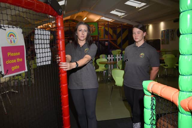 Owner Wendy Unsworth and Ella Ashton at Pipsqueaks soft play centre, Orrell, are forced to close as Greater Manchester enters Tier Three covid-19 restrictions