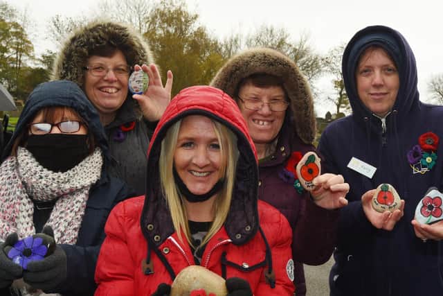 Michelle Strode, Alison Ratcliffe, Debbie Kehoe, Carol Ratcliffe and Kerry Garforth with decorated pebbles